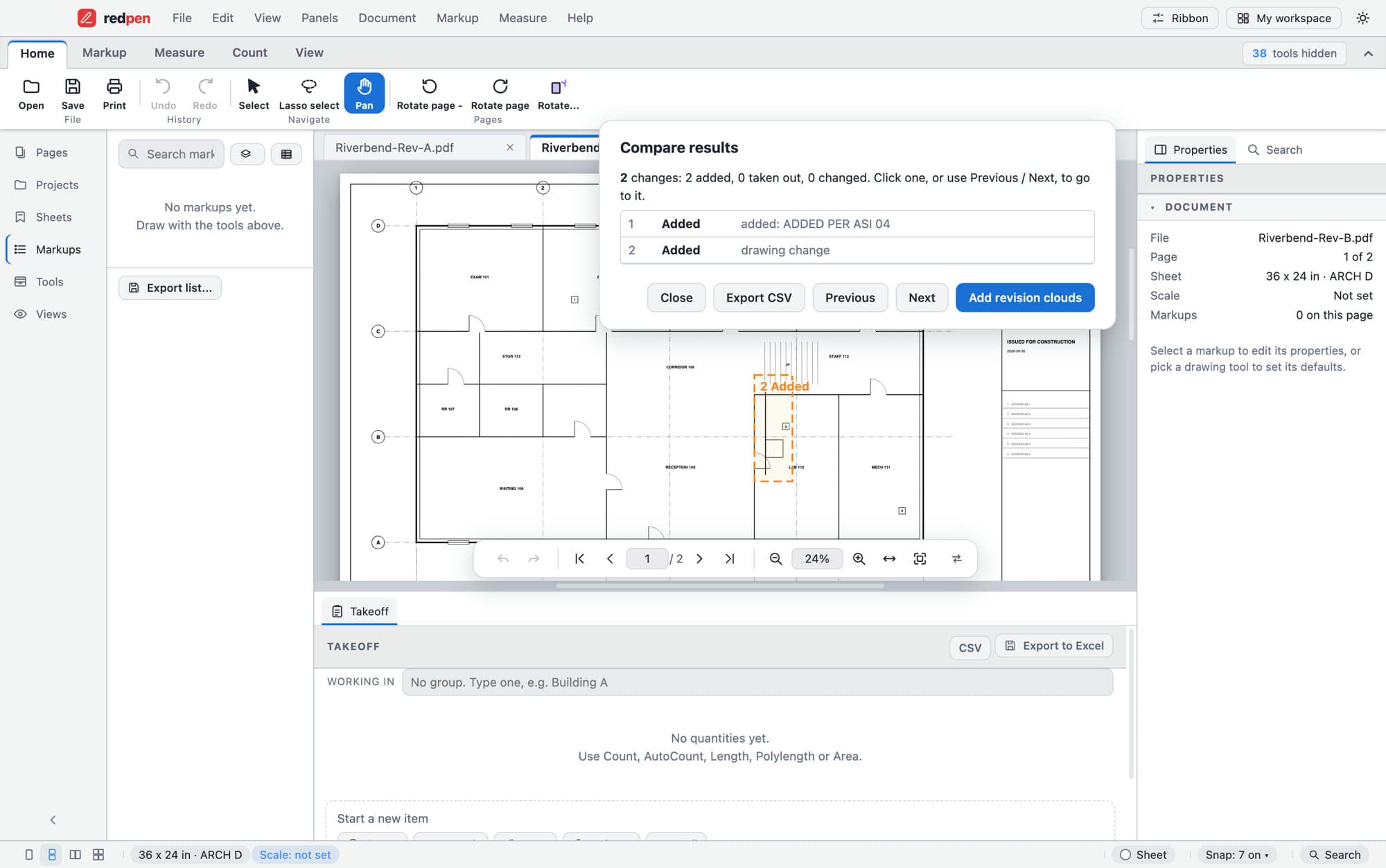 Compare results: 2 changes, 2 added, 0 taken out, 0 changed. Row 1 added: ADDED PER ASI 04. Row 2 added: drawing change. Buttons for Close, Export CSV, Previous, Next and Add revision clouds