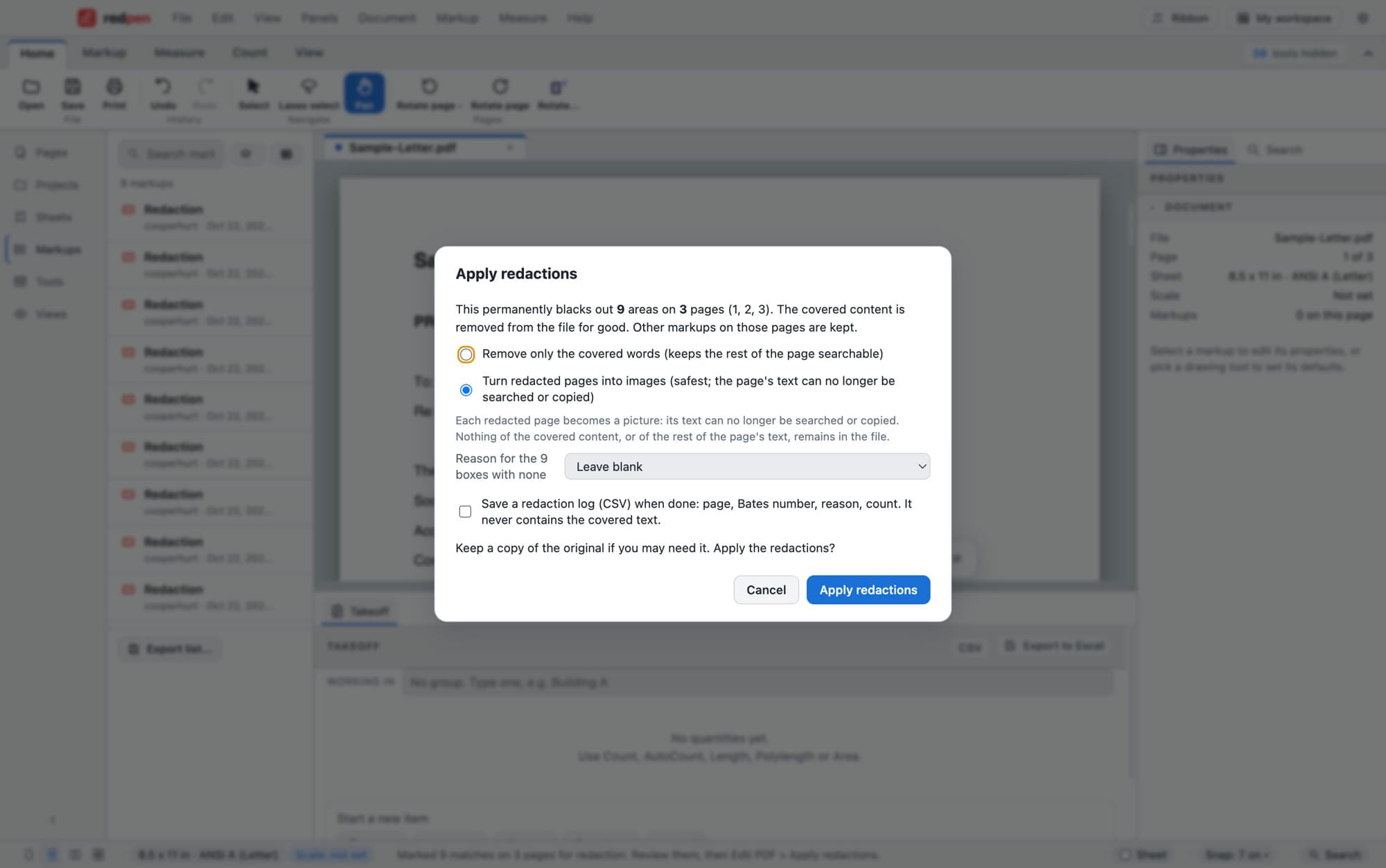 Apply redactions: permanently blacks out 9 areas on 3 pages. Options to remove only the covered words or turn redacted pages into images, a reason for the boxes, and a checkbox to save a redaction log