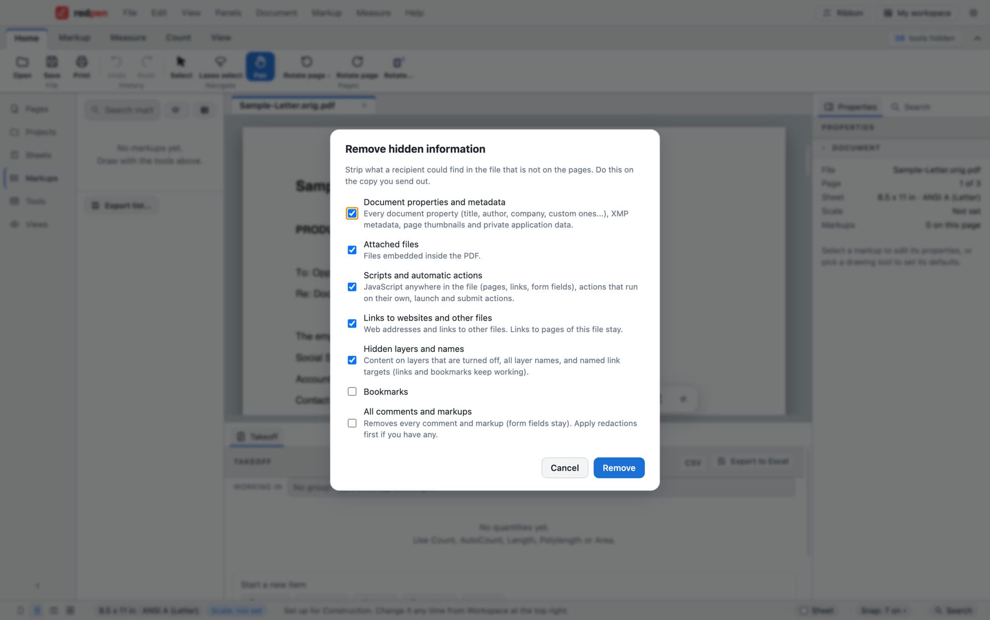 Redpen's Remove hidden information dialog with options for document properties, attached files, scripts, links and hidden layers