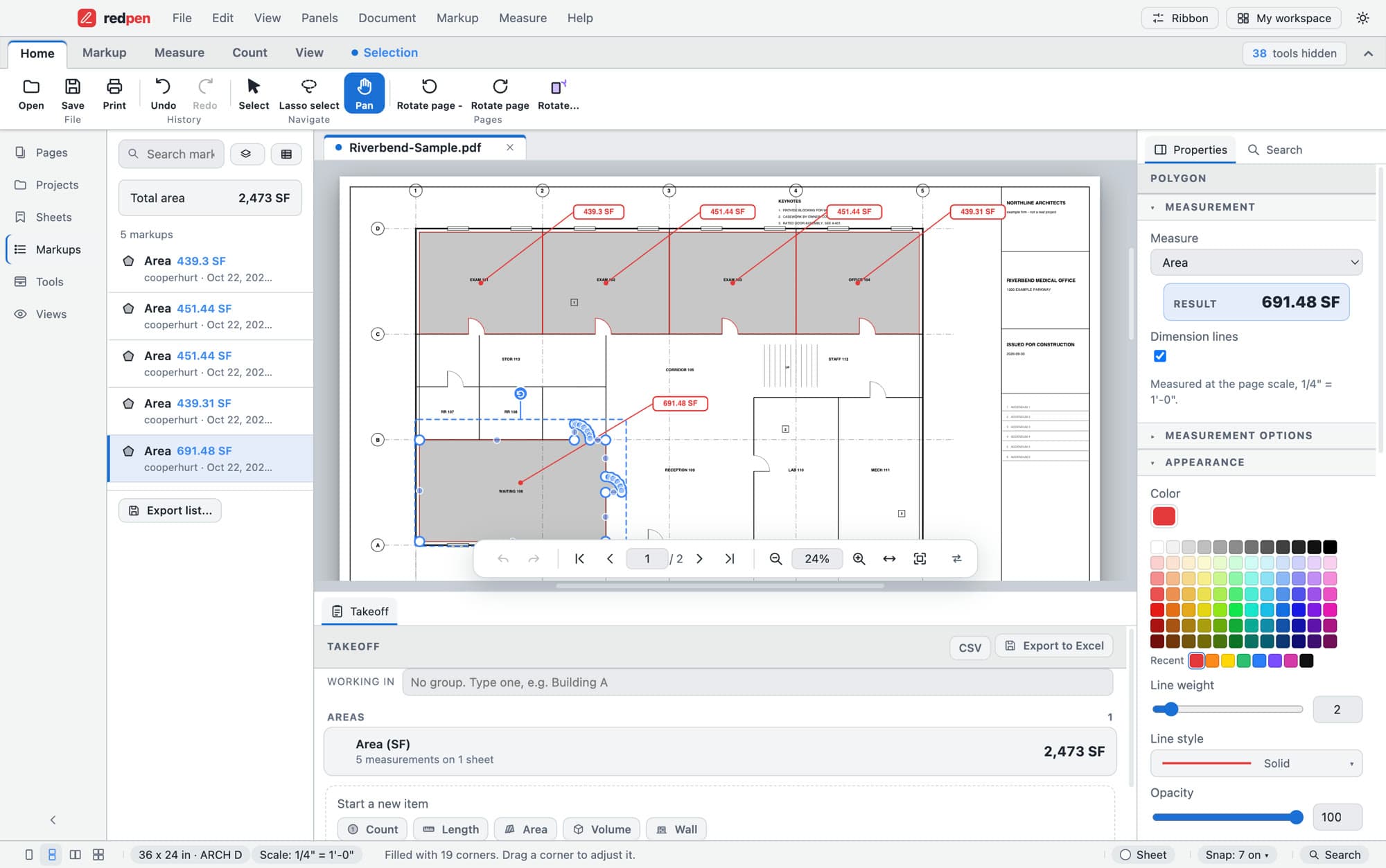 Redpen on a Mac measuring five rooms on a sample floor plan, with a running total of 2,473 square feet
