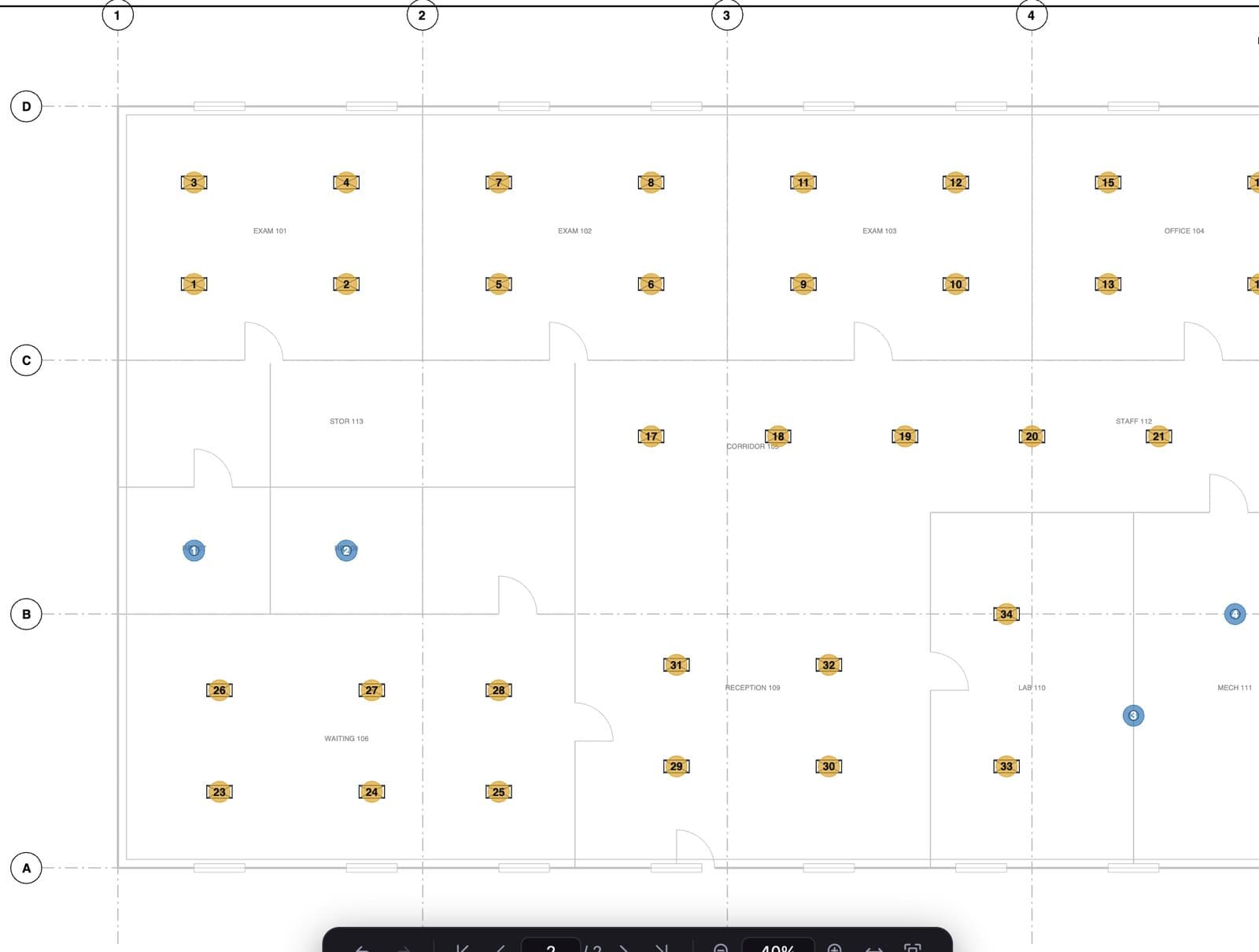 Lighting plan with every troffer and downlight numbered by count