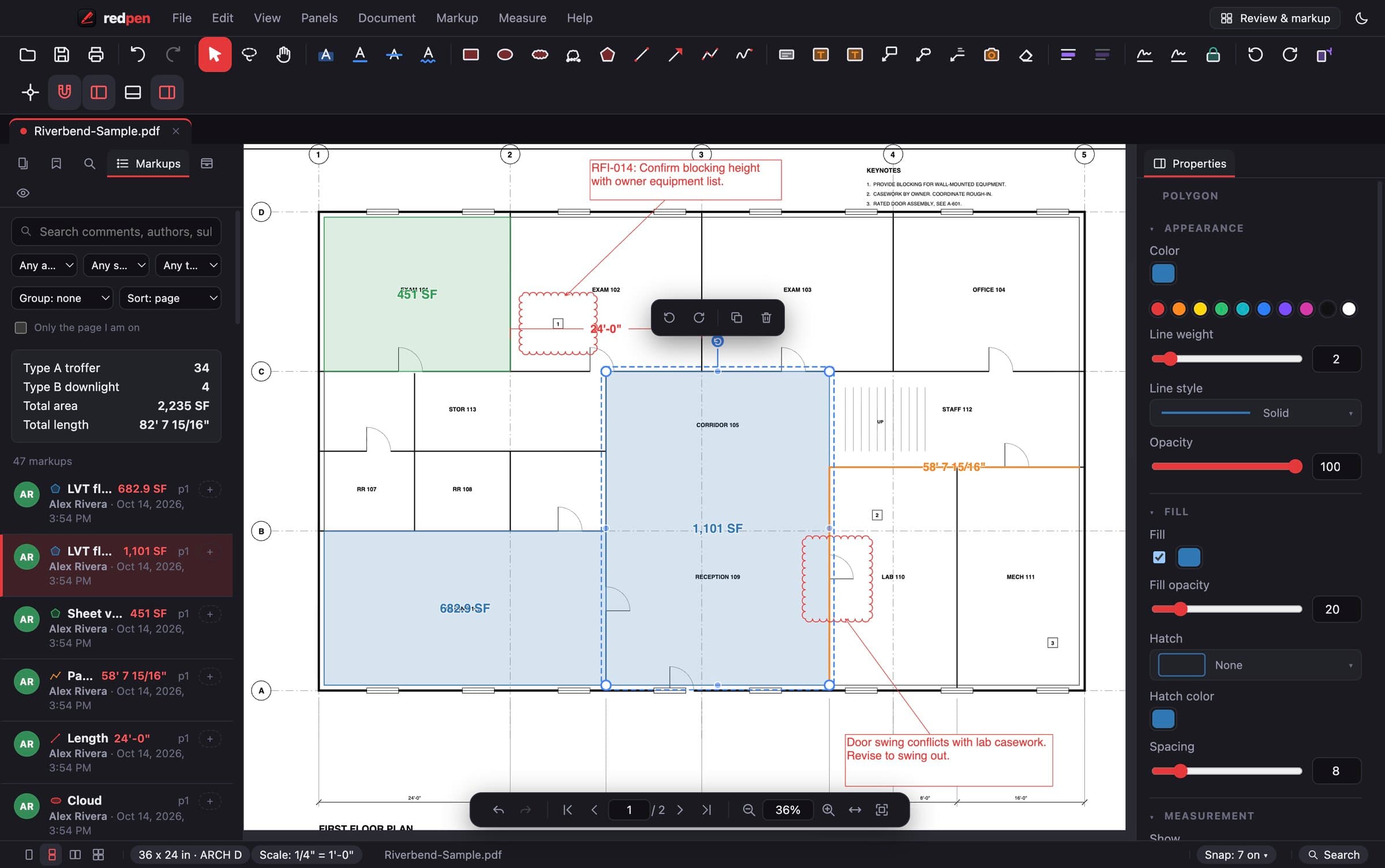 Redpen showing a floor plan with area takeoffs, a measured partition run and two RFI clouds