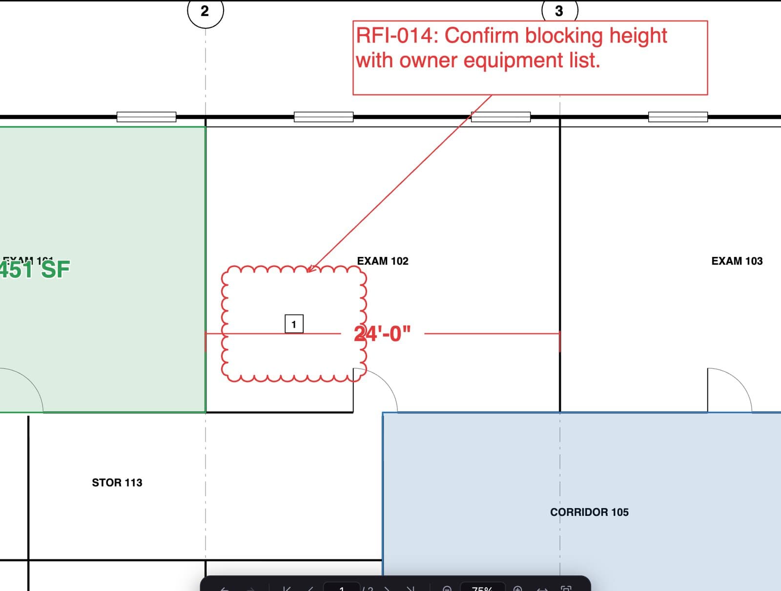 A floor plan with detail callouts and markups